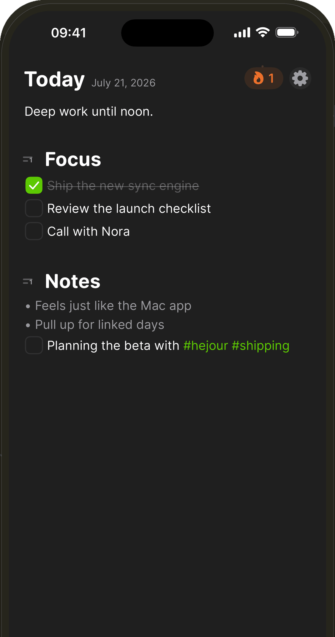 Hejour on iPhone in dark mode: the same today page, synced from the Mac