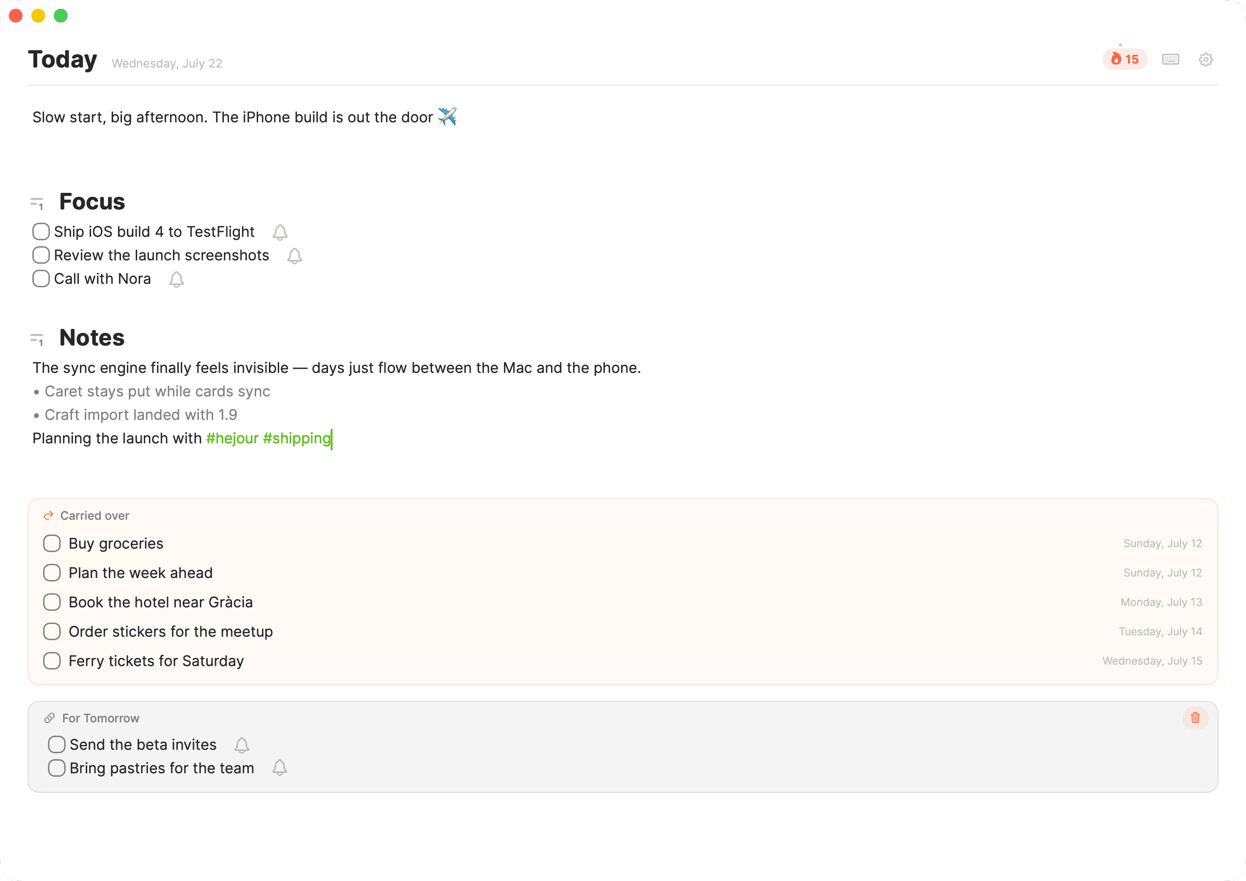 Hejour on the Mac: today's note with todos and reminders, green tags, carried-over todos, and a section linked to tomorrow