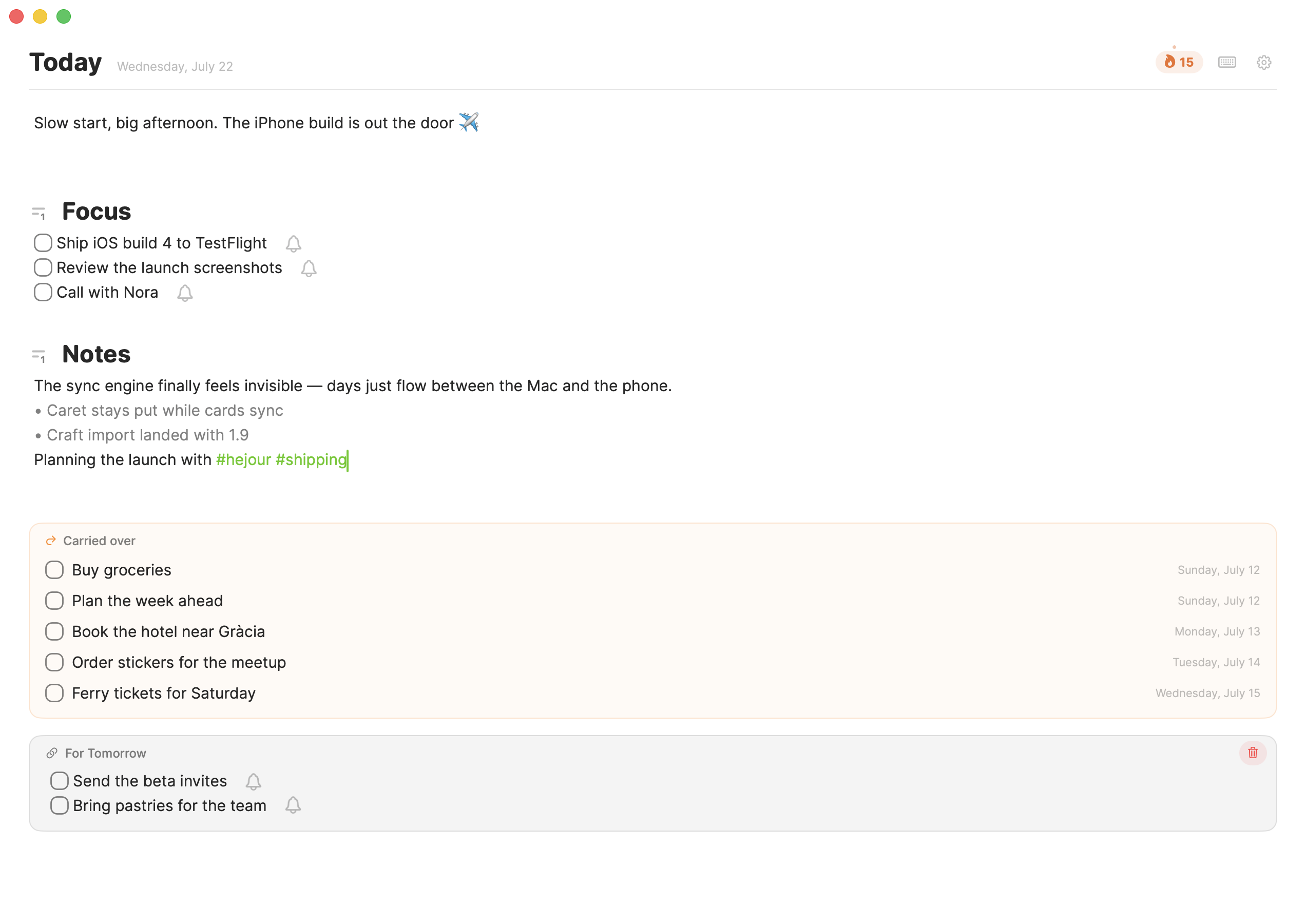 Hejour: today's page open in a calm Mac window — no vault, no plugins, nothing to configure