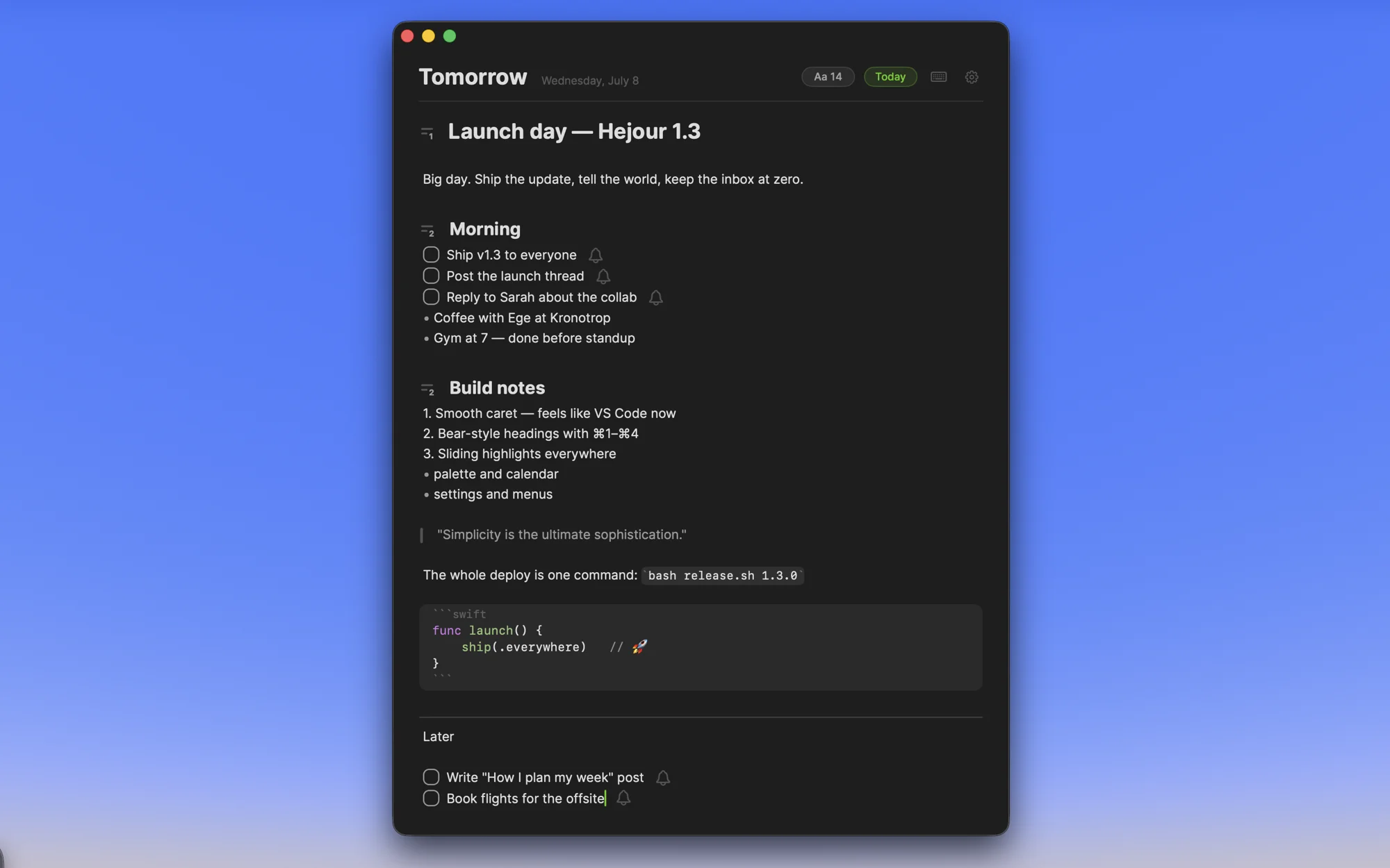 Hejour in dark mode: a day's page holding todos, notes and a meeting heading together