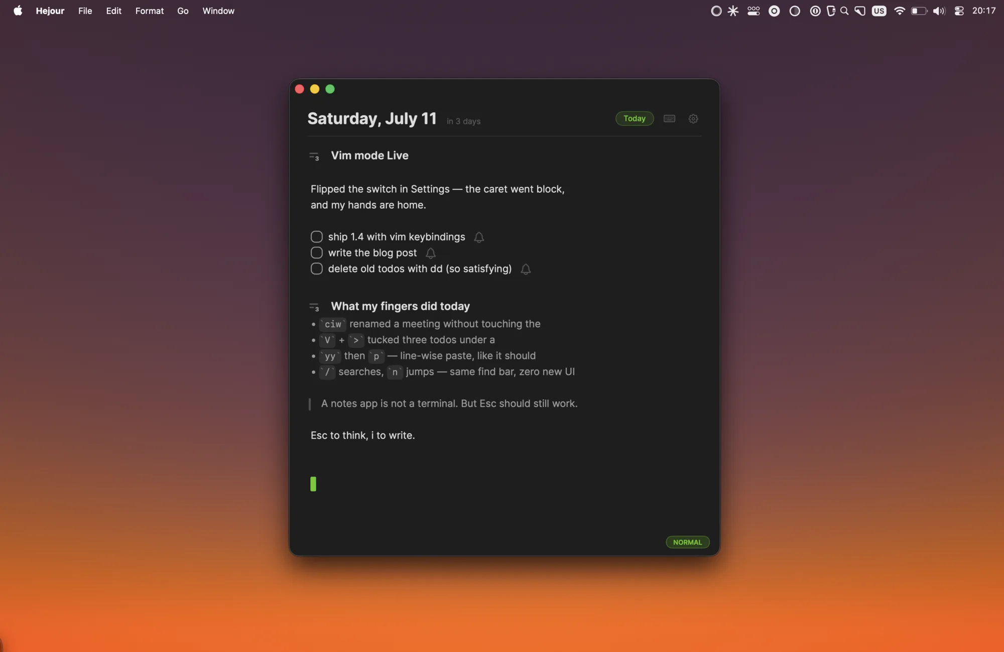 Hejour in dark mode with Vim keybindings on: a block caret in normal mode and the NORMAL indicator in the corner